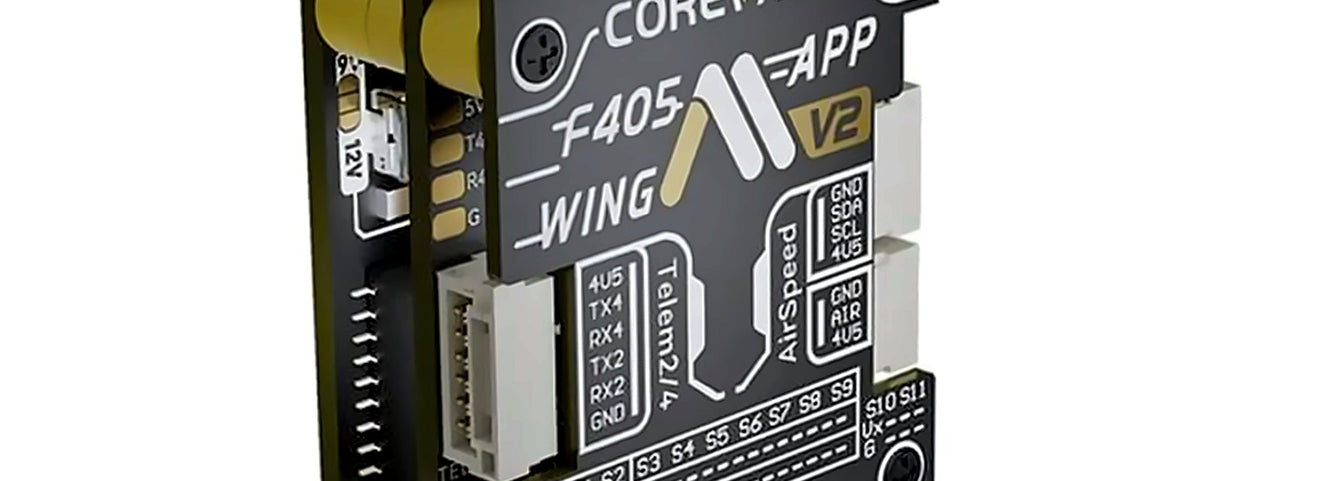 CoreWing F405 WING V2 stacked fixed-wing flight controller with servo headers and peripheral connectors | SoarSky