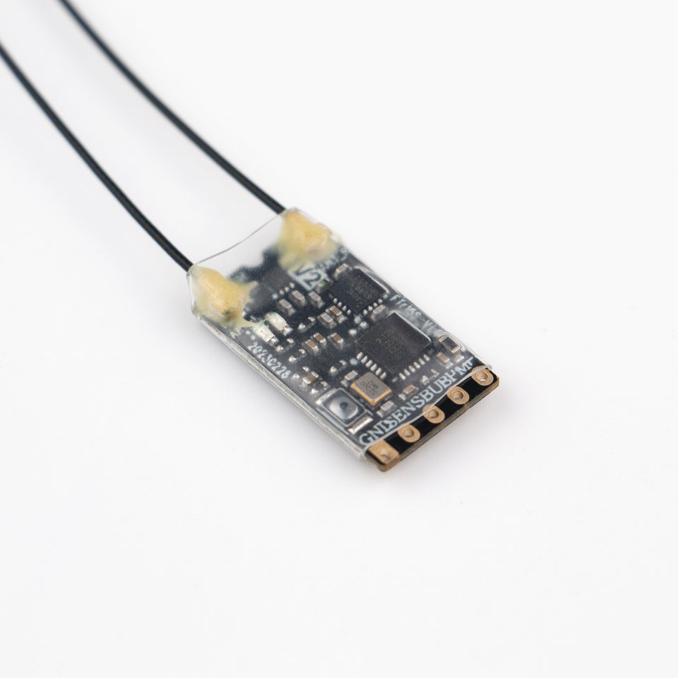 Flysky FTr16S AFHDS3 micro receiver showing dual antennas and serial output connection pads | SoarSky