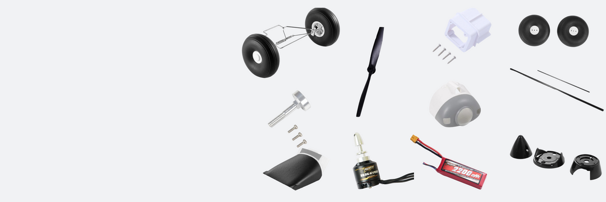 FMS 1300mm PA-18 replacement parts including motor, propeller, landing gear and aircraft accessories