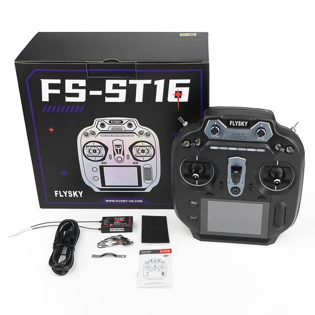 Flysky FS-ST16 2.4GHz 16CH EdgeTX Radio Transmitter w/ 3.5" IPS Display & FS-SR8 Receiver+Free SRM receiver - for FPV Drones, RC Airplanes, Cars, Boats (Black)