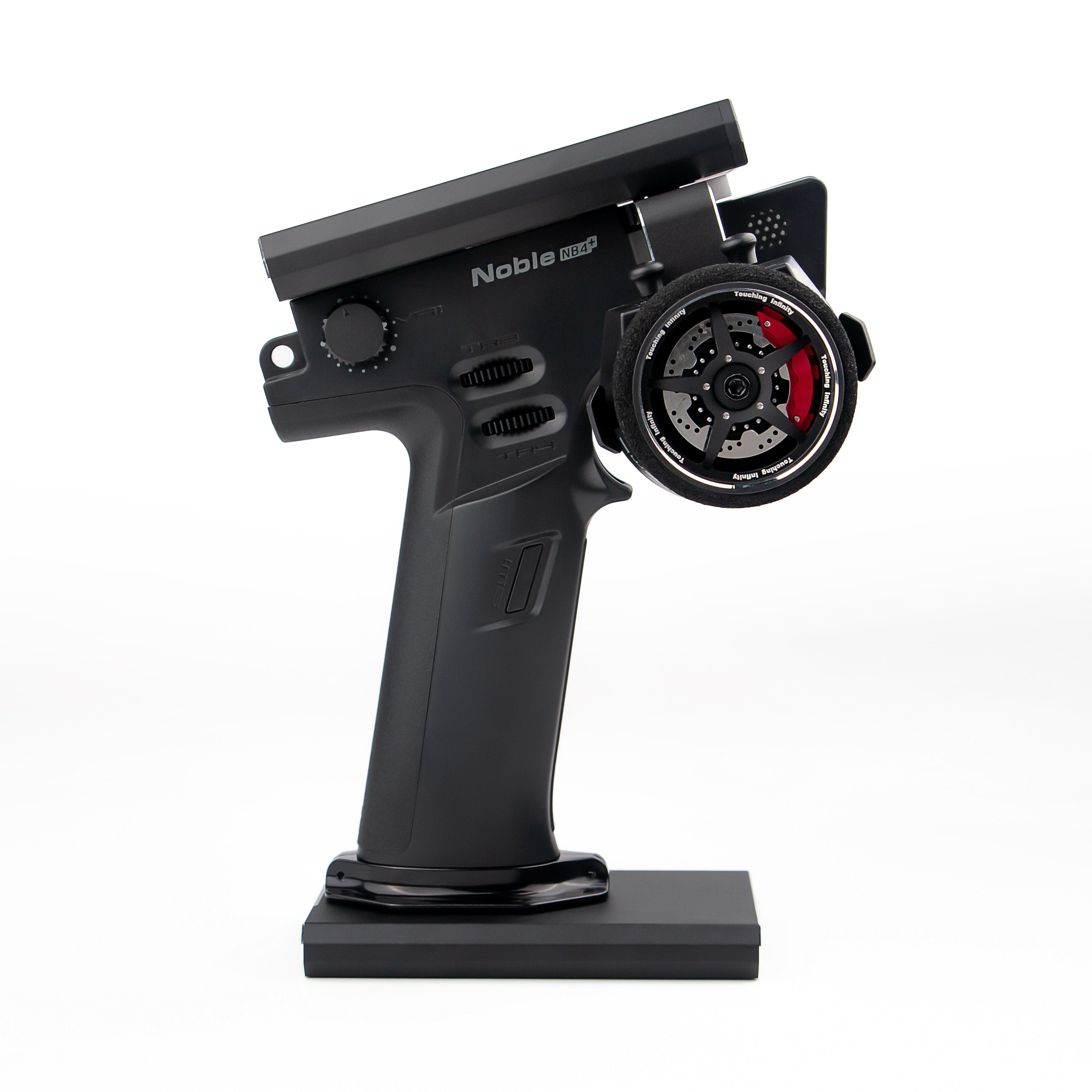 Black FLYSKY Noble NB4+ RC radio controller with red-accented wheel, ergonomic grip