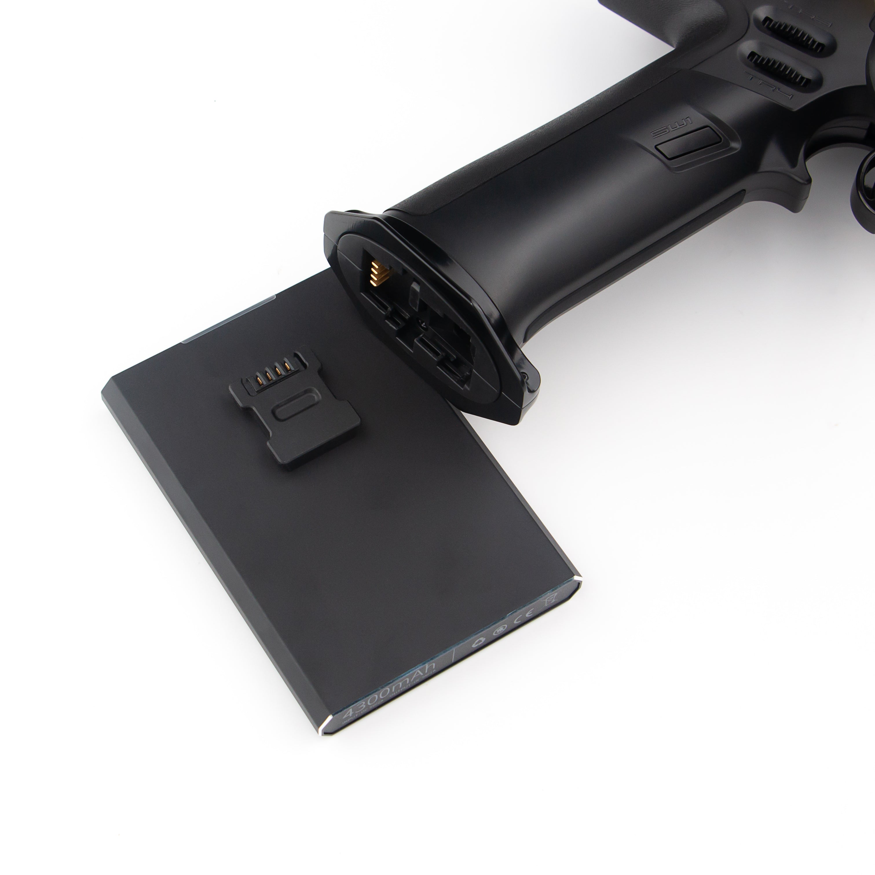 Close-up of FLYSKY Noble NB4+ radio with 4300mAh battery attached