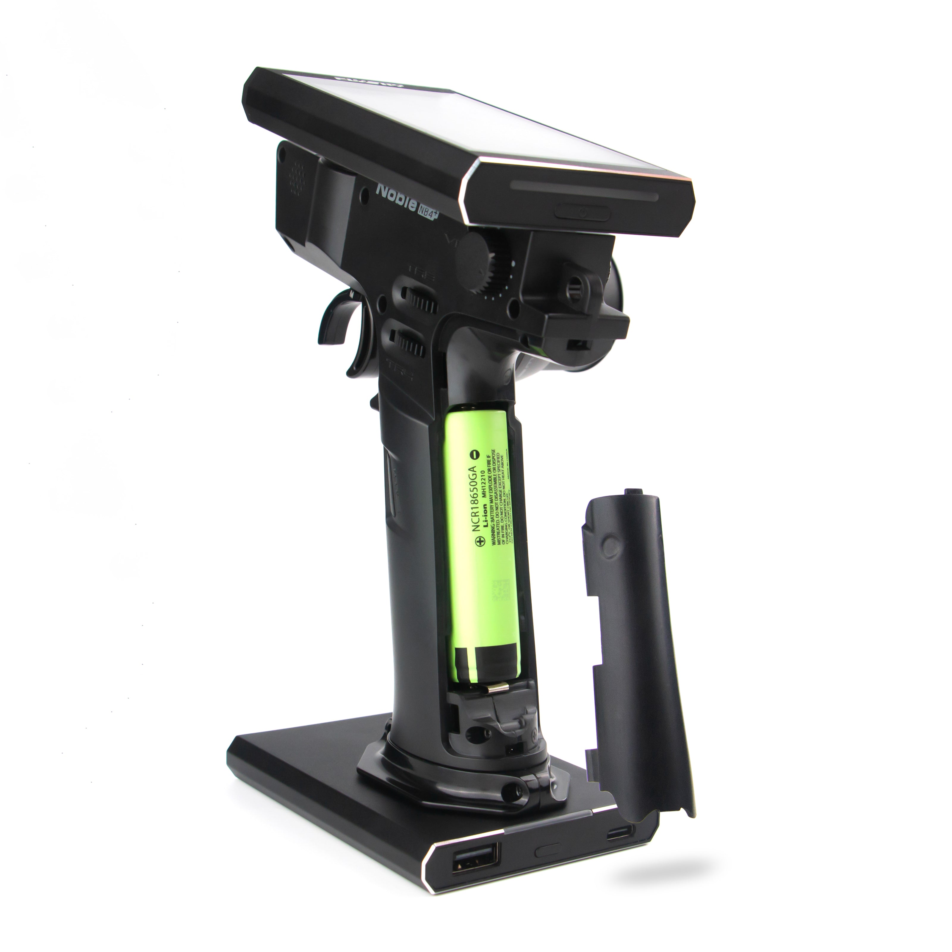 FLYSKY Noble NB4+ radio with green NCR18650GA battery installed, black housing