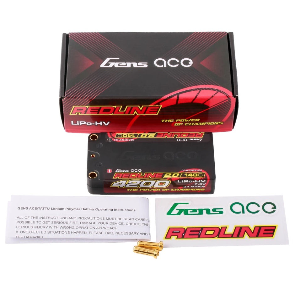 Gens Ace Redline 2.0 Series 4200mAh 2S 140C 7.6V HardCase 111# HV Shorty Lipo Batterie avec balle de 5,0 mm