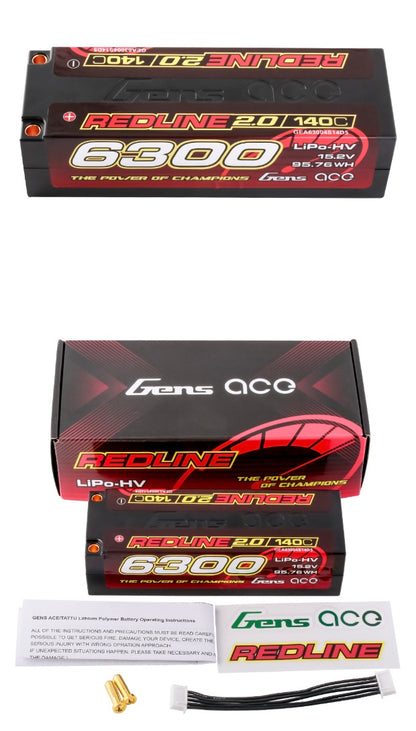 Gens Ace 6300mAh 4S 15.2V 140C HardCase 59# Redline 2.0 Series Batterie Lipo avec balle de 5,0 mm