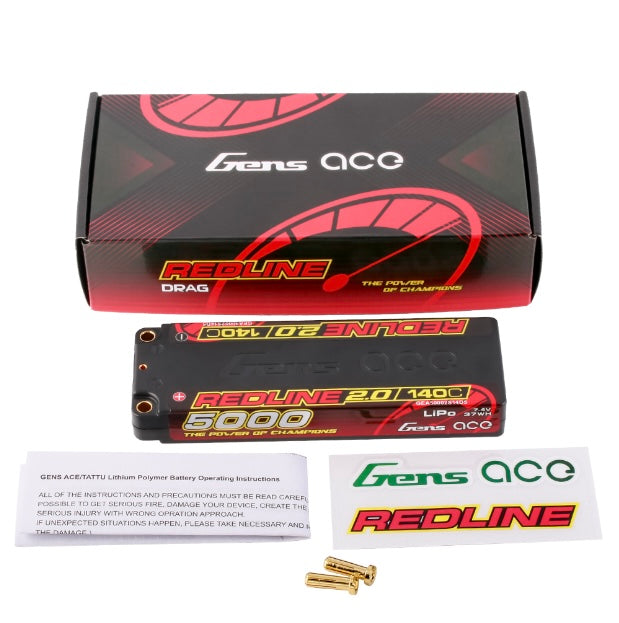 Gens Ace 5000mAh 2S 7.4V 140C HardCase 56# Redline 2.0 Series Lipo Battery With 5.0mm Bullet