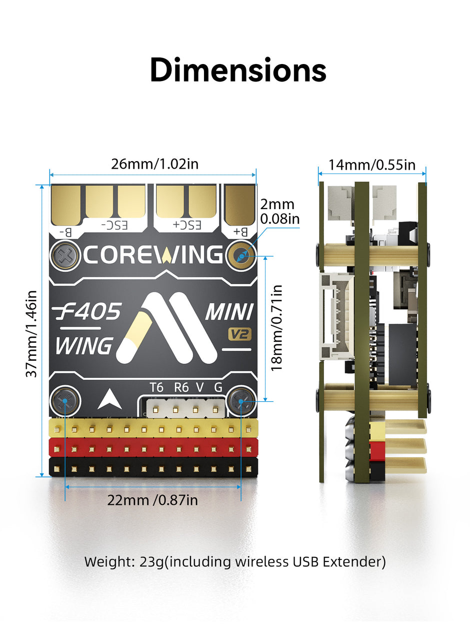 Technical dimension diagram of the CoreWing F405 Mini Wing electronic speed controller, showing front and side profile measurements, with weight listed as 23g.