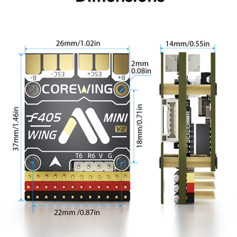 Technical dimension diagram of the CoreWing F405 Mini Wing electronic speed controller, showing front and side profile measurements, with weight listed as 23g.