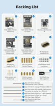 A packing list sheet showing multiple electronic components and cables with numbered labels on a light blue background. The sheet includes CoreWing F40S Wing Mini V2 PCBs, a shielded F40S Wing Mini V2 FC board, a 90-degree pin header, straight pin headers, M2 and M3 screws, white straight pin headers, and various cable lengths.