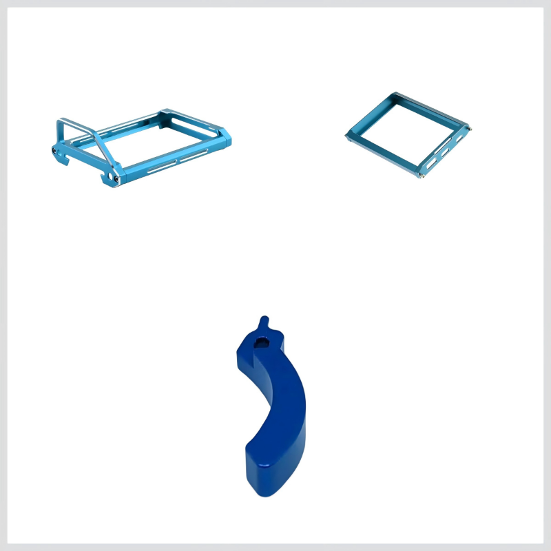 Three blue metal brackets on a white background