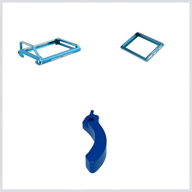 Three blue metal brackets on a white background