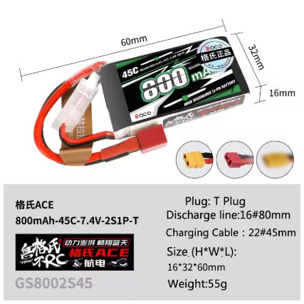 Gens ACE Lithium Battery 350mAh/450mAh/800mAh 2S 3S 7.4/11.1V 30C 45C with Plug for FPV Airplane Fixed Wing Drone Lipo Battery