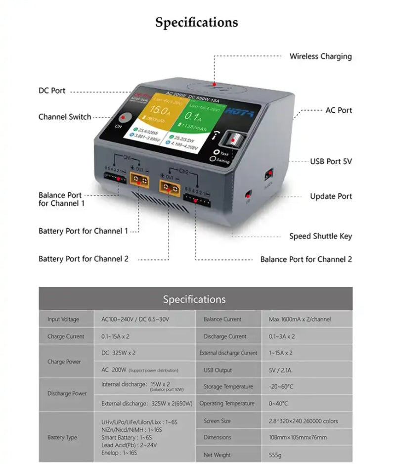 Chargeur intelligent AC/DC double canal HOTA D6 Pro 325W 15A 1-6S avec chargement sans fil 