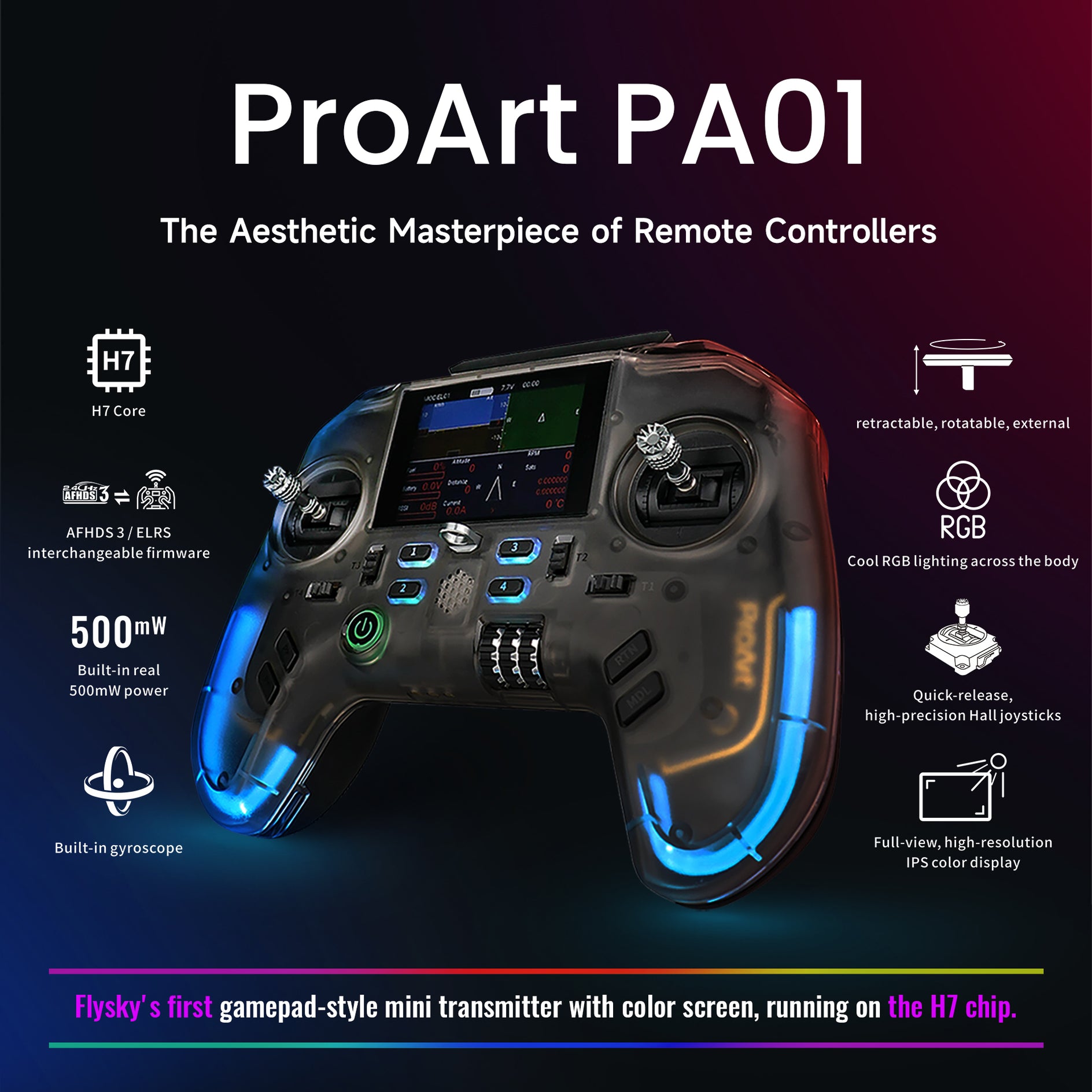Flysky ProArt PA01 2.4GHz Hall Gimbal EdgeTX ELRS Radio Controller for FPV Drone - Features Display