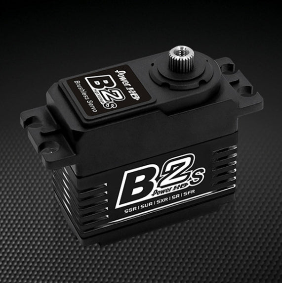 A black brushless servo motor for remote control vehicles, labeled 'B2S 694.4 oz / 0.