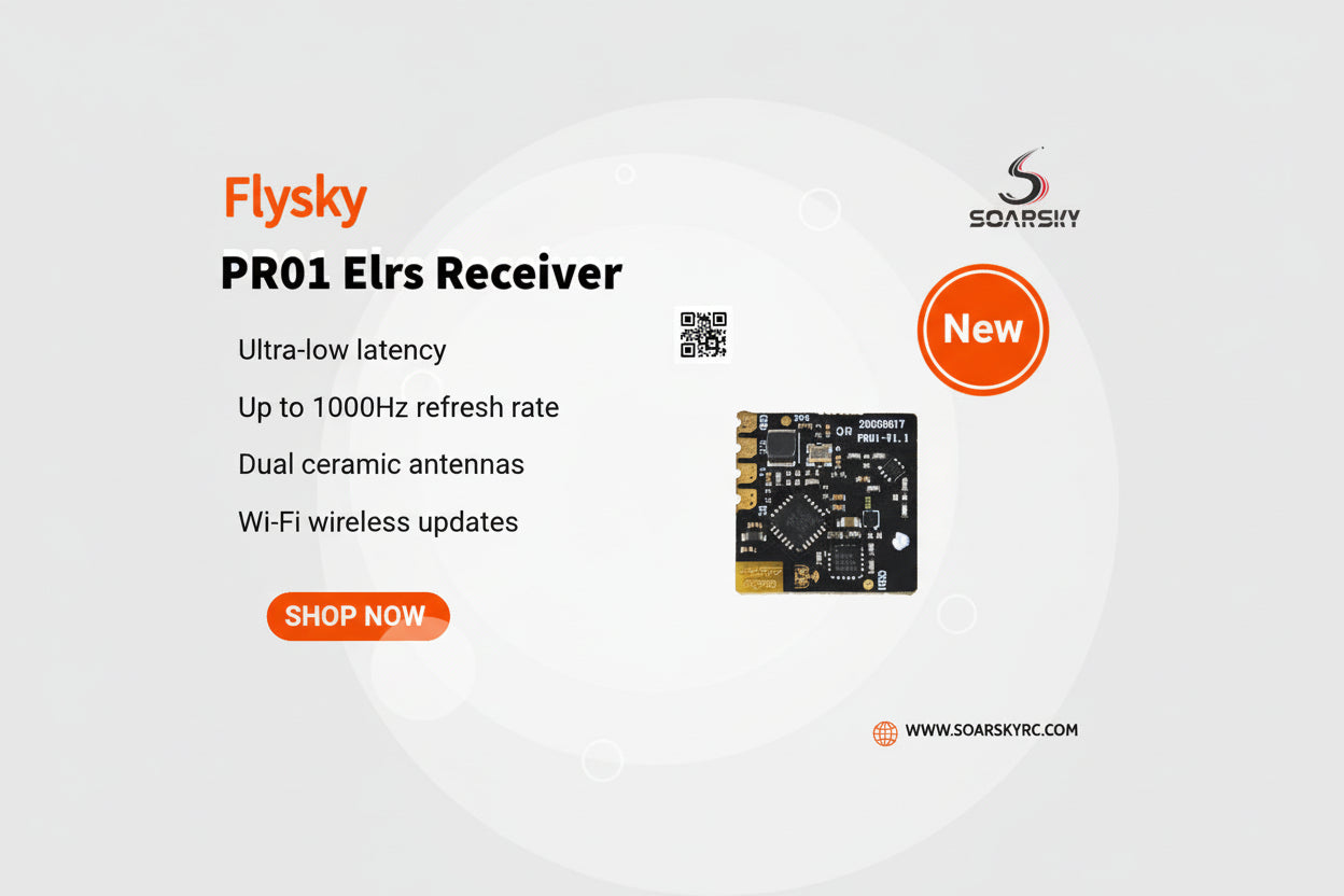 Flysky PR01 Elrs Receiver with features and branding on a white background