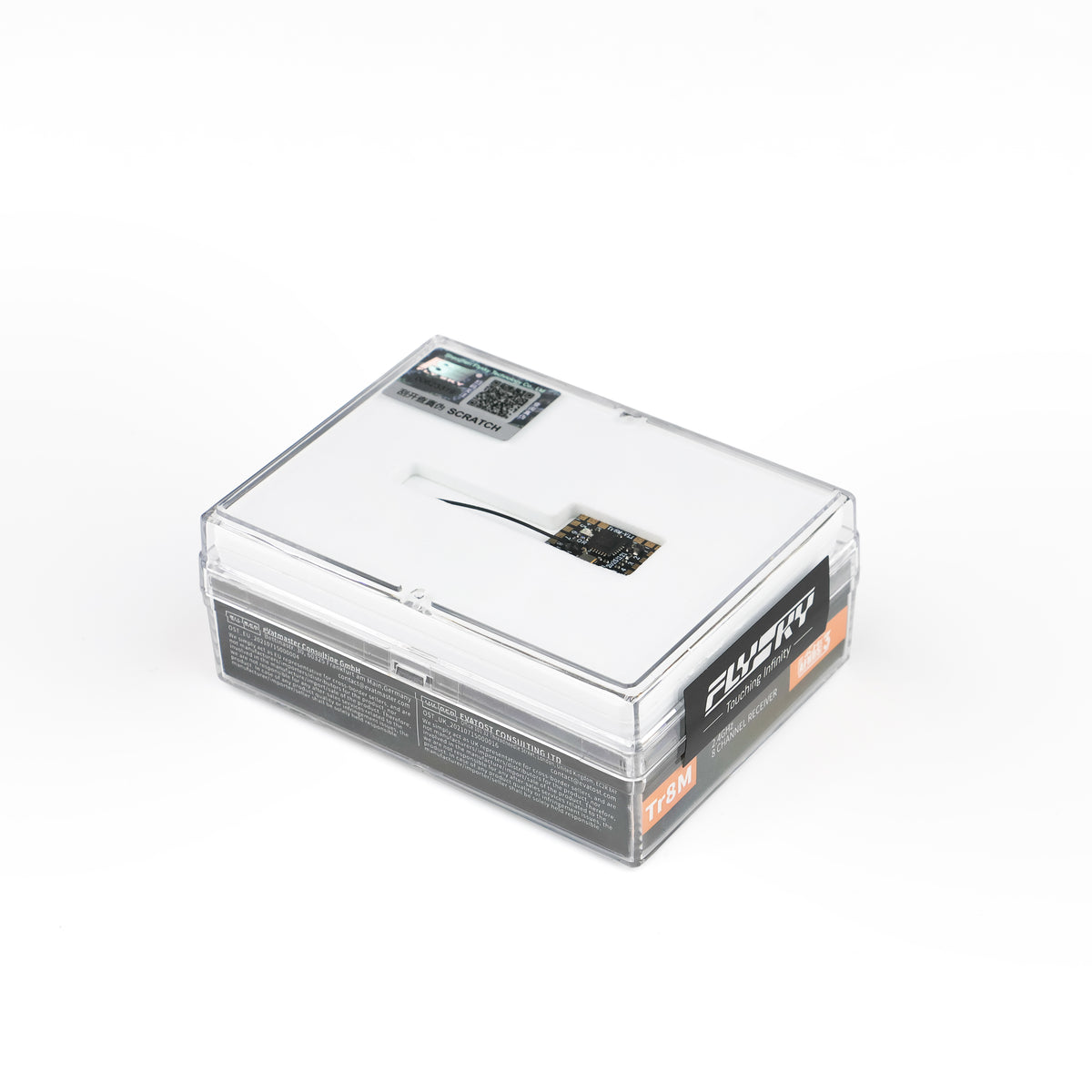 FlySky Tr8M receiver package overview with compact receiver and antenna visible | SoarSky